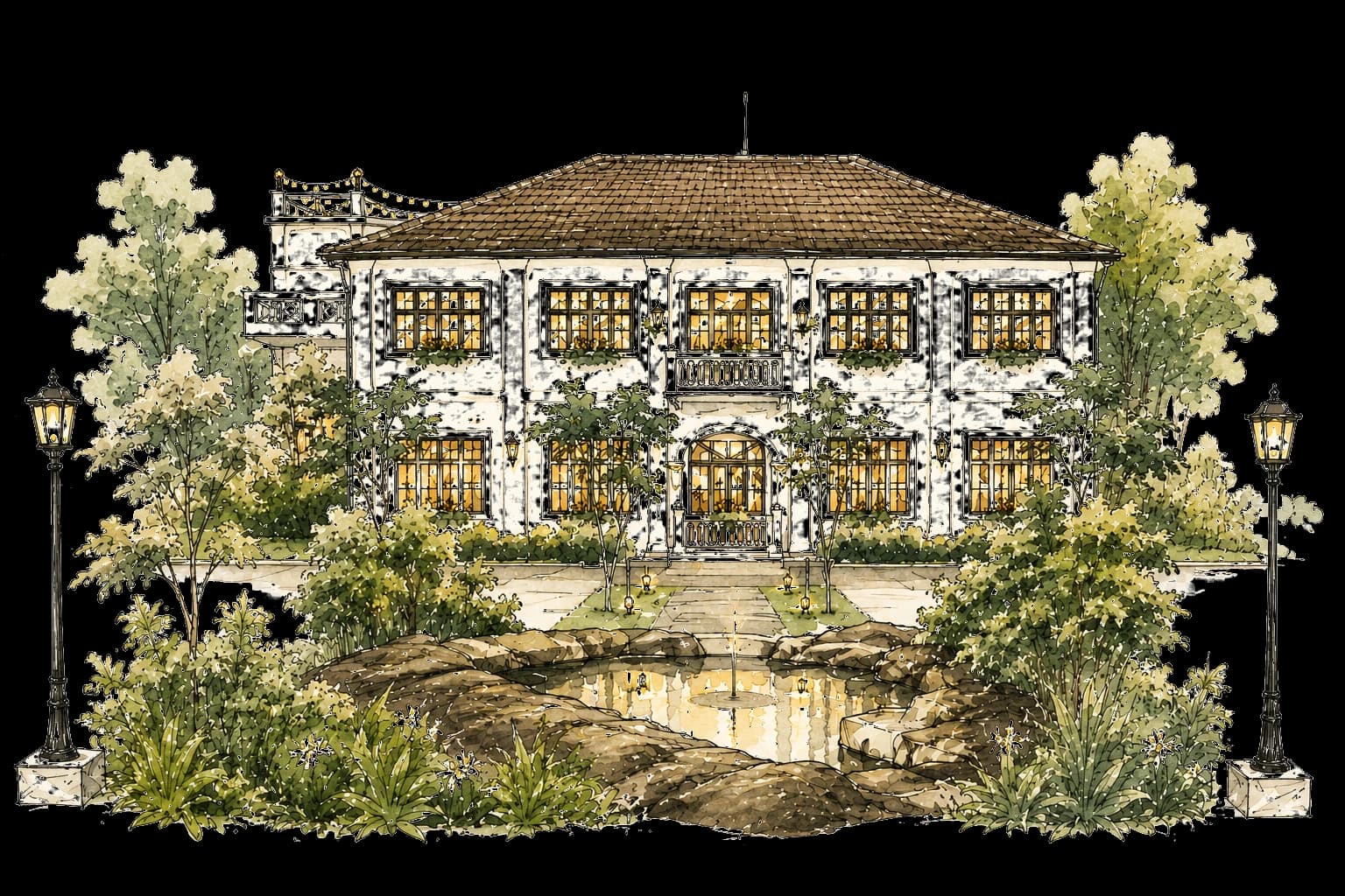 Watercolour sketch of the Grand Walawwa manor house, its tree-lined garden and pond